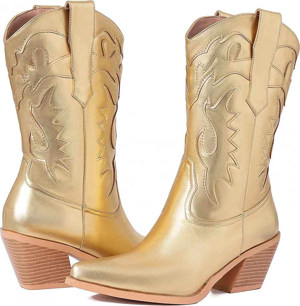 Kalstage Cowboy Boots For Women Retro High Heel Pointed Toe Wide Calf Pull