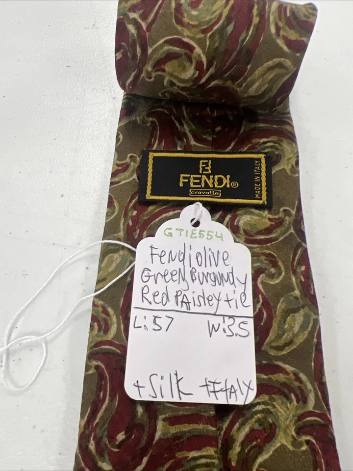Corbata de cuello Fendi verde oliva y rojo borgoña cachemir seda para hombre $395 Foto 4 de 4
