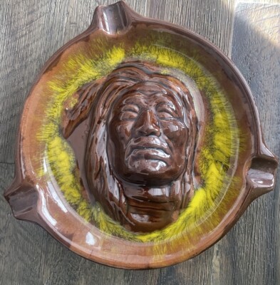 McMaster Canada Pottery Relief Native American Brown/Yellow Glaze ''CIGAR TRAY''