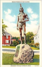 Friend of the Pilgrims Massasoit Statue Plymouth Mass Linen Postcard Unused UNP