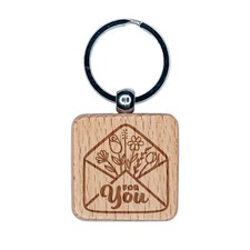 Envelope with Flowers Gift Mail For You Engraved Wood Square Keychain Tag Charm