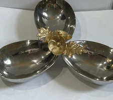 MICHAEL ARAM SILVER & GOLD ORCHID FLOWER TRIPLE NUT CANDY DISH 9” DIAMETER