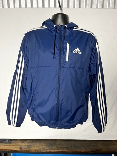 Adidas Men's Size S Blue Full Zip Hooded Jacket w/ 3-Stripes & Logo video thumbnail