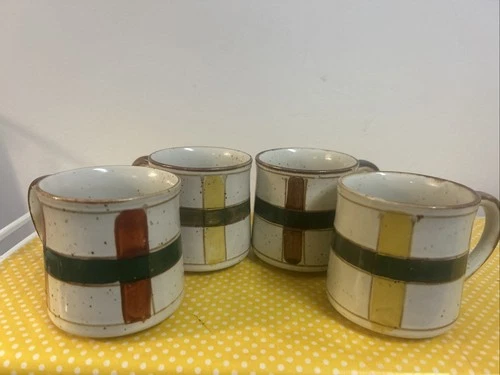 Vintage Otagiri Coffee Mugs Brown Green Yellow Striped Stoneware 3.5" Lot 4 MCM