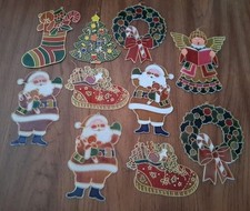Lot of 10 Vintage Stain Glass Style Christmas Sun Catchers Window Santa Wreath