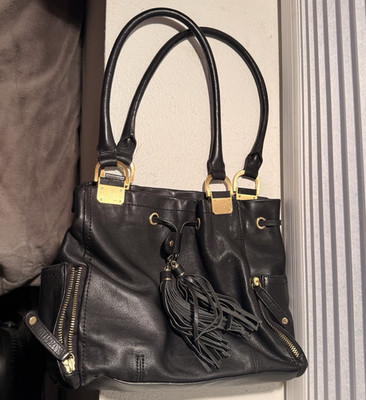 Pelle Studio Black Satchel Top Handle Tassel Gold Hardware Charm Magnetic