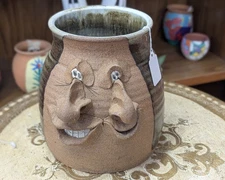 Mark Hines Studio Face Jug Pottery Vase – Whimsical Stoneware Art Sculpture Sign