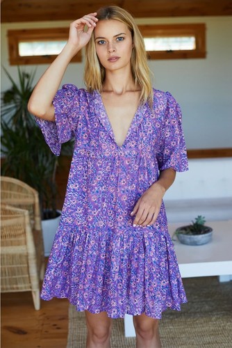 India Collection Emerson Fry Isla Violet Wildflower Organic Cotton Dress XS S