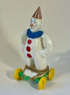 Vintage 1950s Rosbro Plastic Zook the Clown Pull Toy on Wheels