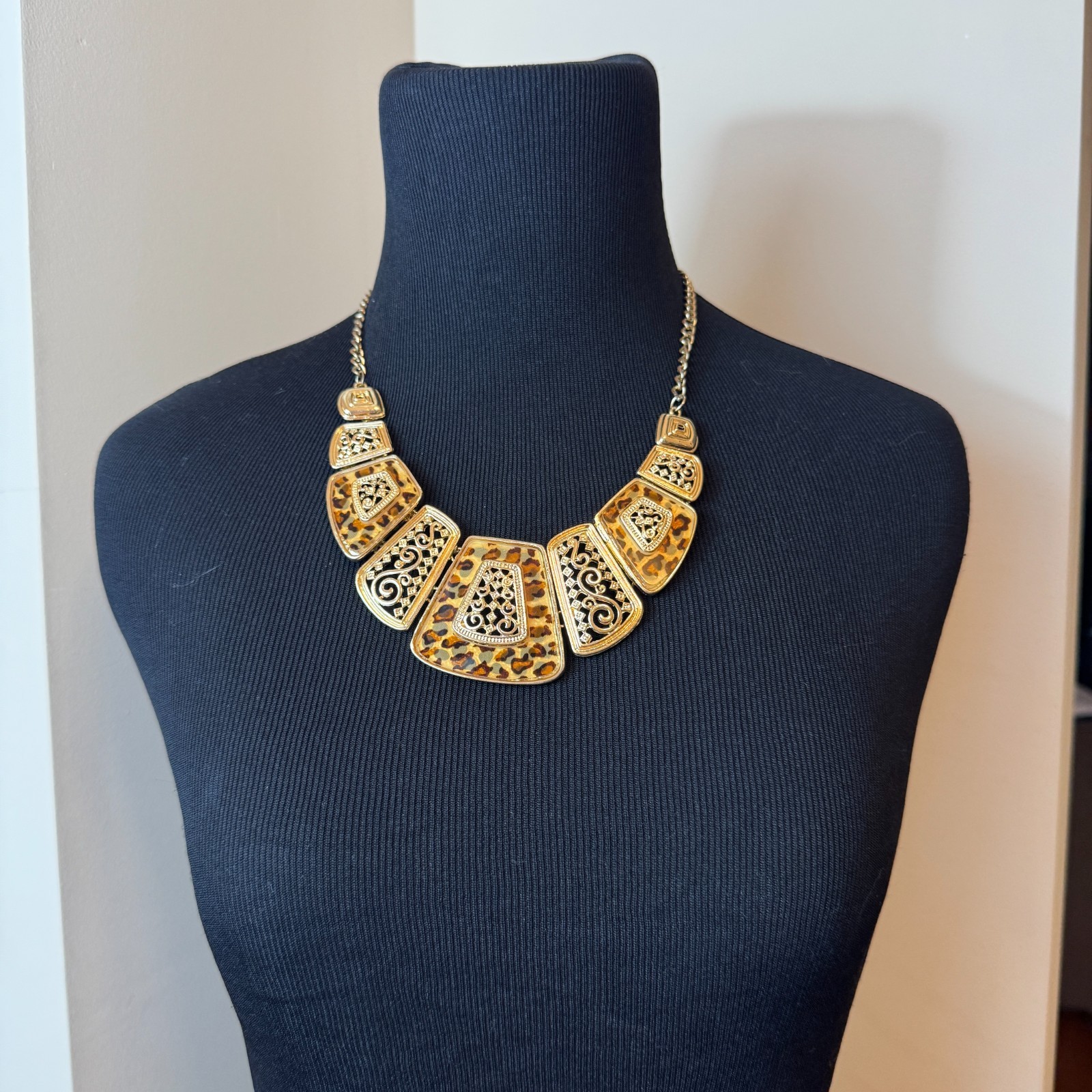 Vintage Leopard Print Statement Bib Necklace Gold… - image 1