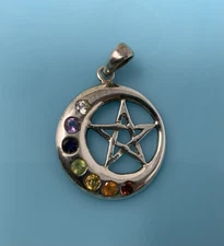 Sterling Silver Moon Half Pentagram Pendant Crescent Multi Gemstone Rainbow 4.8g