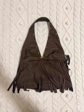 Brown Suede Fringe Halter Top  Womens M