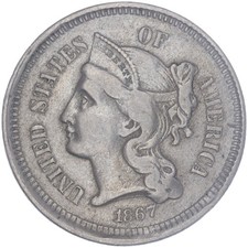 1867 (P) Three Cent Nickel Very Fine VF See Pics O966