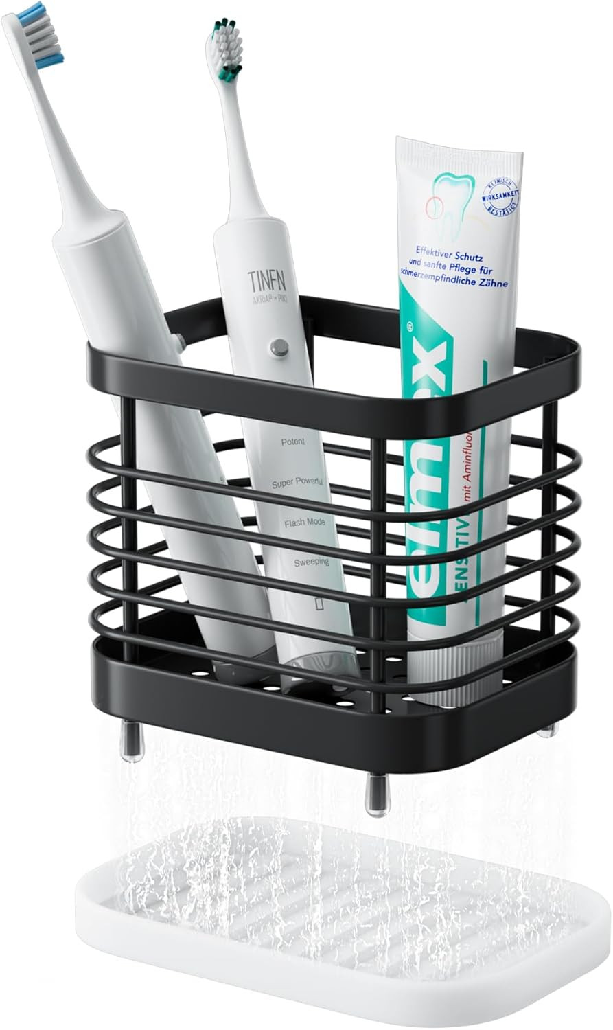 Toothbrush Holder Bathroom Organizer Stand with Tray Black