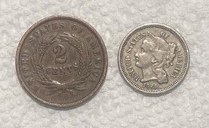 1864 US 2 Cent & 1865 US 3 Cent Nickel Coins Philadelphia Mint
