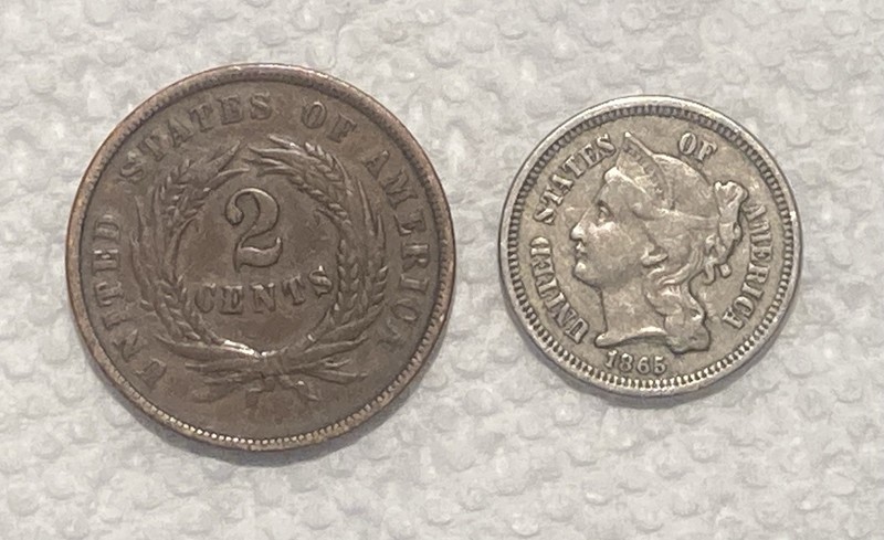 1864 US 2 Cent & 1865 US 3 Cent Nickel Coins Philadelphia Mint