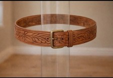 Tooled Leather Belt 33 Brown Oak Leaf Pattern Brass Buckle