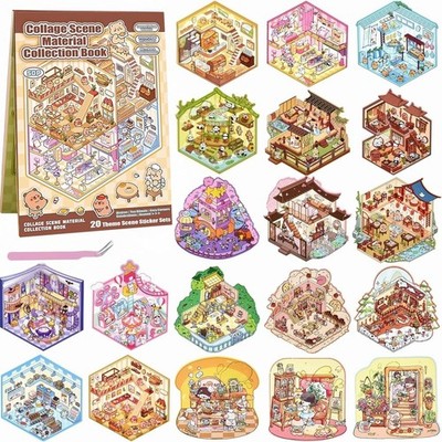 20 Sets 3D Sticker Scenes, Miniature House Book for Sticker Therapy, Cute Cartoo
