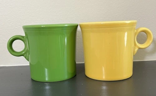 Lot of 2 Fiesta Ware Green and Yellow O Ring Handle Coffee Mugs HLC USA