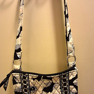 Vera Bradley Black & White Floral Crossbody Bag Zip Top, Outer Pockets, Strap