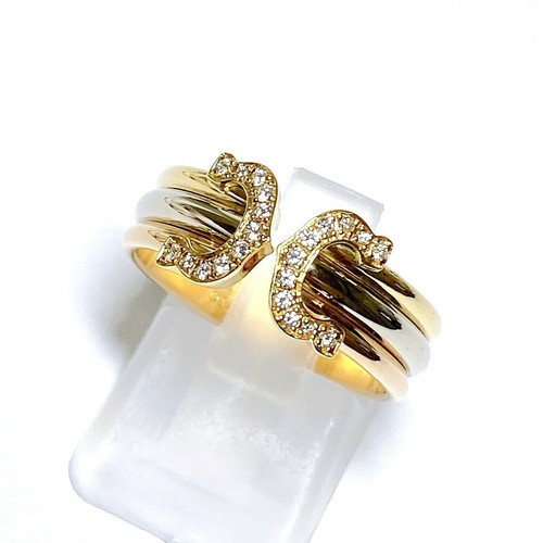 Auth Cartier 2C Diamond Ring Double C C2 3color SM #53 US6.5 18K YG/WG/PG