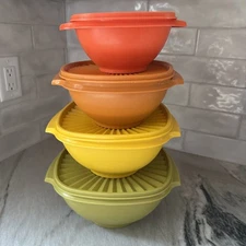 Vtg Tupperware 4-Bowl Set & Lids Harvest Colors #836-838-840-858 MCM
