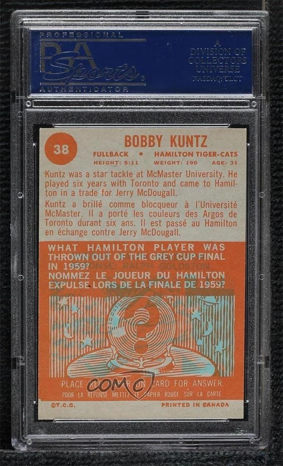 1963 Topps CFL Bobby Kuntz Bob Kuntz #38 PSA 9 MINT - Image 2 of 2