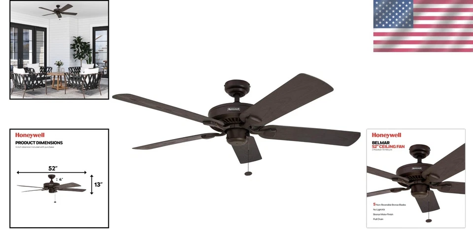 Elegant 52" Bronze Ceiling Fan with Pull Chain - Ideal for Indoor/Outdoor Living - Image 2 of 4