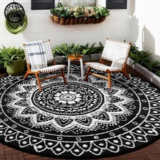 Round Outdoor Rug for Patio 300cm Reversible Waterproof Foldable Garden Rugs Boh