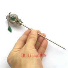 Old China Tibet Silver Hand-made Inlay Jade Fish Hairpin Hair Decoration L 17 CM