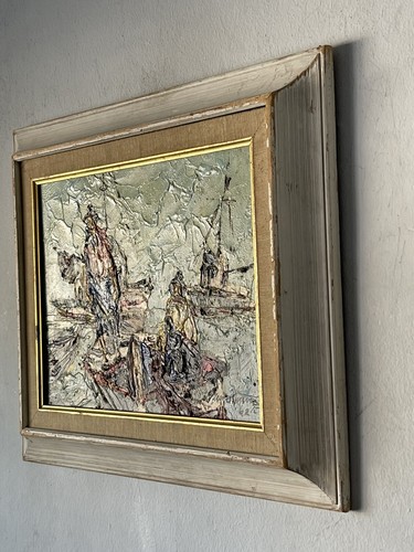 PAUL BLAINE HENRIE ANTIQUE MODERN ABSTRACT OIL PAINTING OLD VINTAGE OCEAN BOAT - Picture 3 of 14