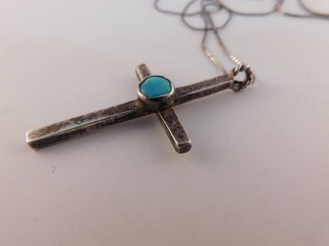 TURQUOISE STERLING SILVER CROSS PENDANT NECKLACE … - image 6