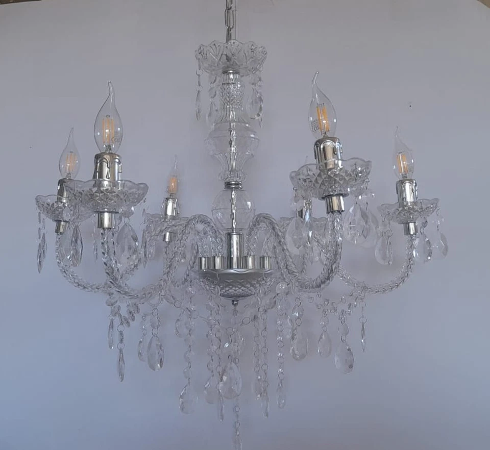 Lampadario sospensione con pendagli in plastica tipo cristalli 6 LUCI E14 - Immagine 4 di 4