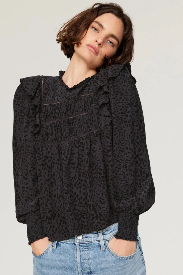 Rails Kadi spotted leopard blouse balloon sleeve ruffles gray black medium