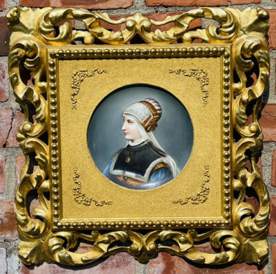 German Porcelain Plaque Wilhelm Menzler Renaissance Girl. Gilt Florentine Frame
