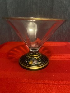Bohemian Cut To Clear Green Glass Pedestal Bowl hand painted good trim 4.25”