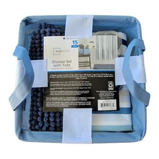 Mainstay Shower Curtain 15 Piece Shower Tote Set 1 Curtain 12 Hooks 1 Rug 1 Tote