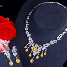 Cubic Zirconia Yellow African Leaf Tassel Drop Lady Costume Necklace Jewelry Set