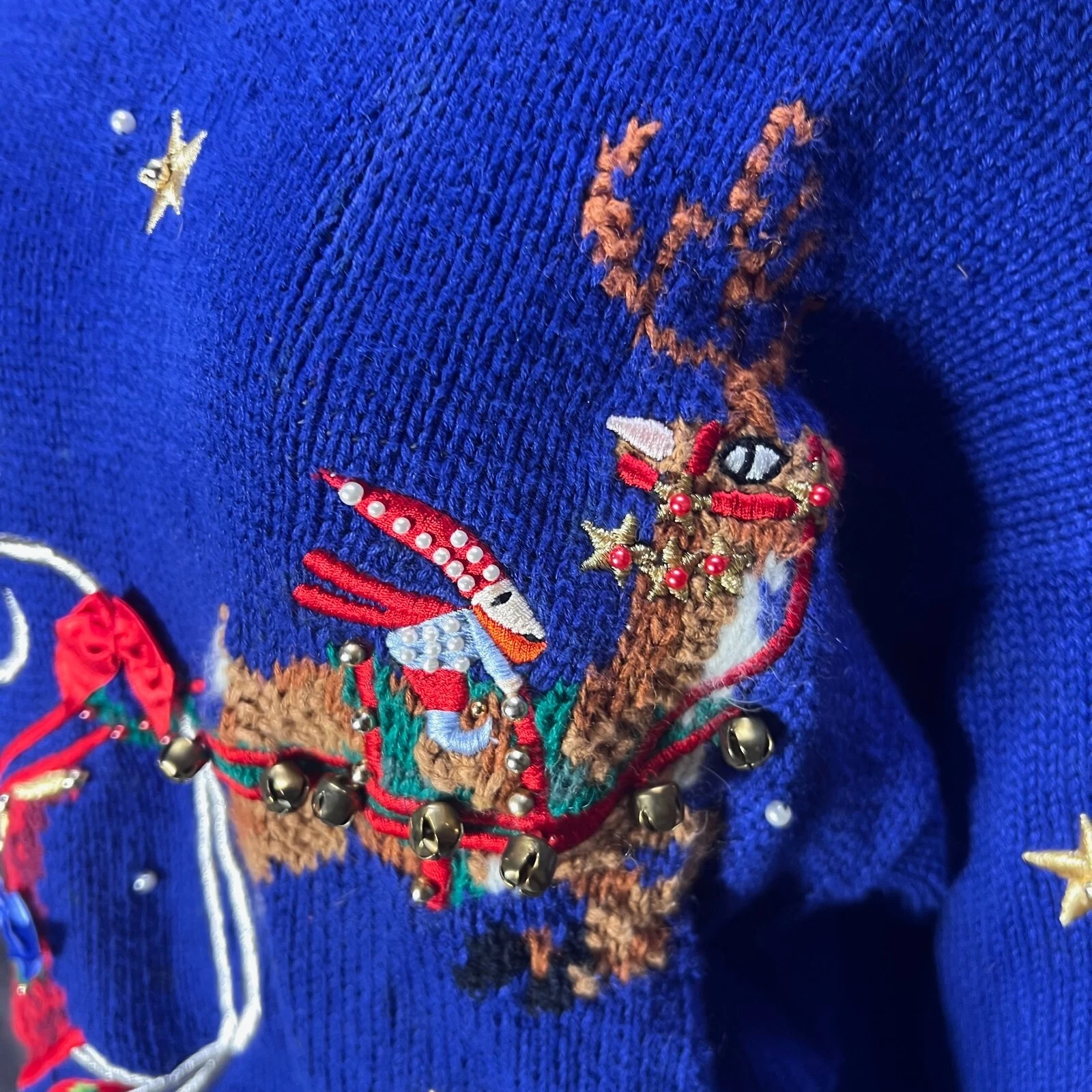 VTG Marisa Christina Ugly Christmas Sweater Womens L Blue Santa Sleigh Rudolph