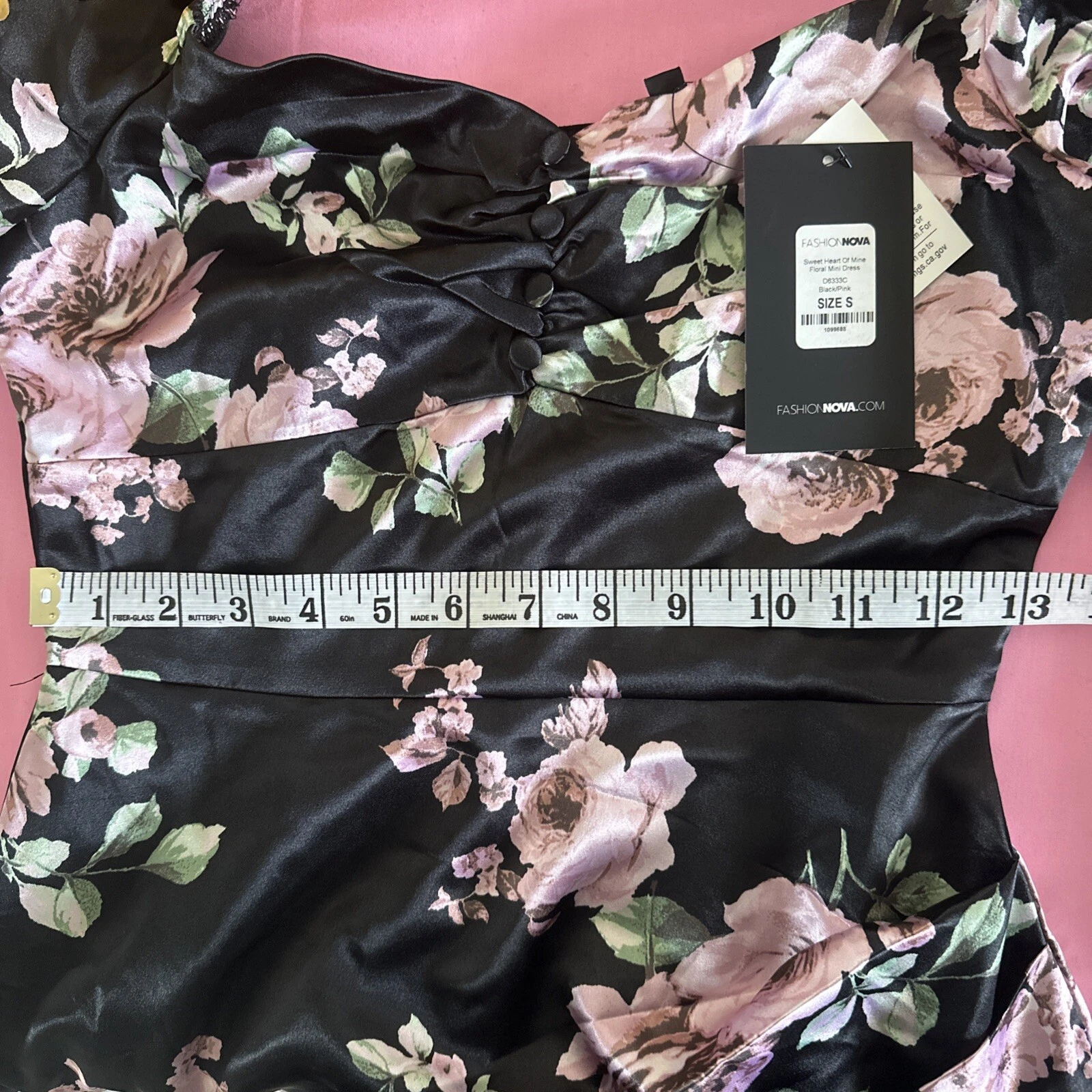 SALDI SAN VALENTINOmoda Nova Mini Abito Floreale Nero Rosa Nuovo Con Etichetta Small