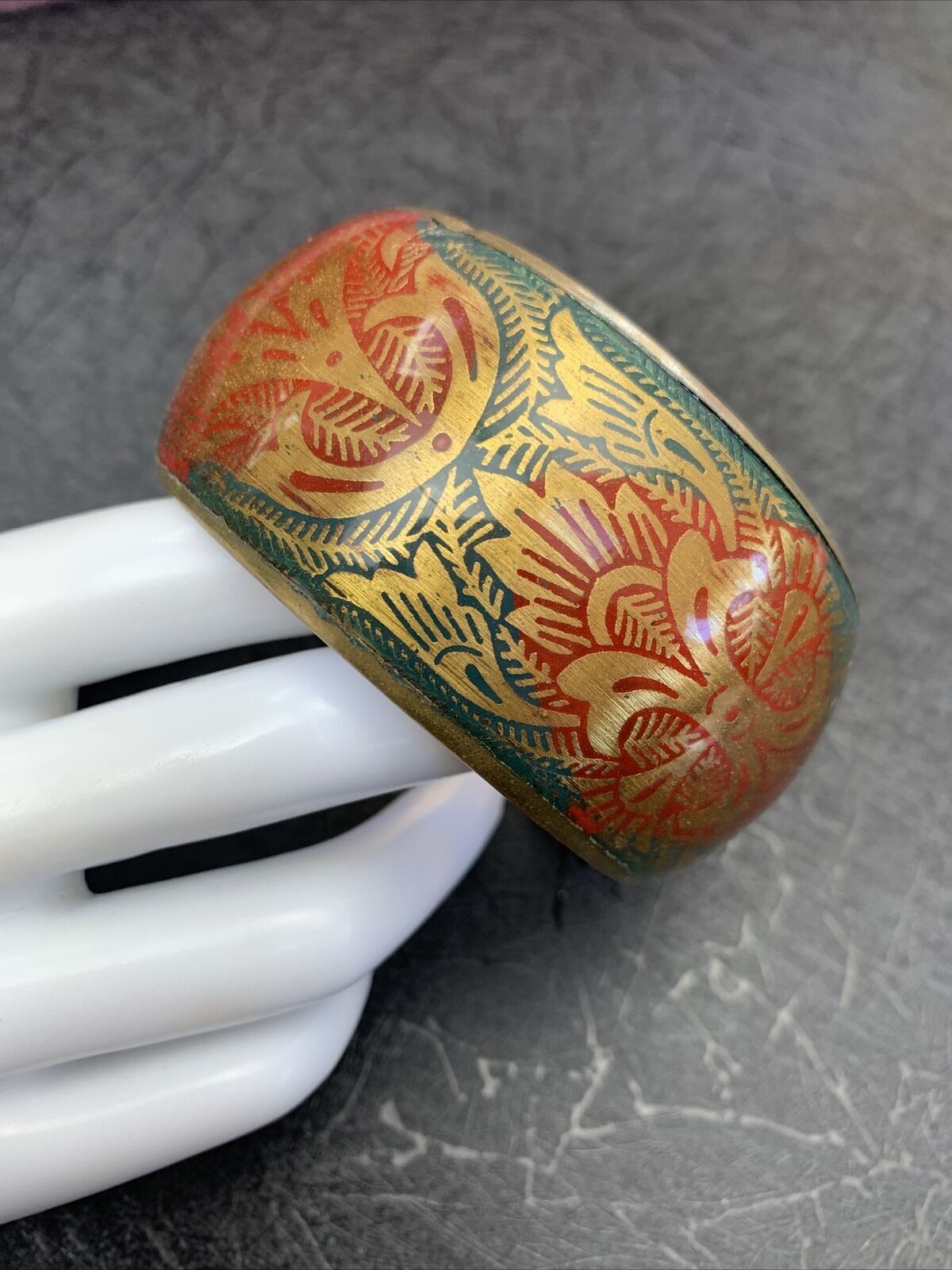 Vintage solid brass red green Pattern wide bangle… - image 3