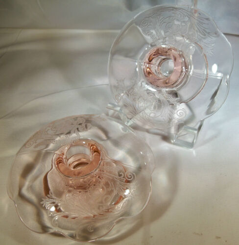 PADEN CITY CUPID ETCH PINK PAIR 5" MUSHROOM ROLLED-EDGE CANDLESTICKS! - Picture 1 of 4