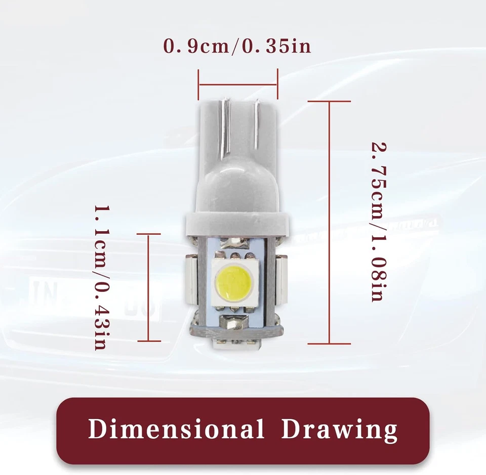 10PCS 194 LED Light Bulb 6000K Wedge T10 LED Bulb 5SMD 5050 Chips, 168 T10 2825 - Image 2 of 4