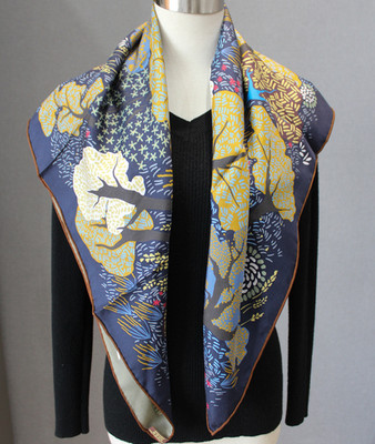 Green tree Print Pure 18 Momme Twill Silk Wrap Scarf 90X90cm Shawl Double Face