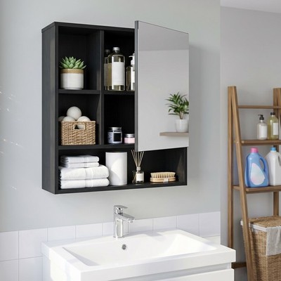 Bathroom Mirror Cabinet w/2 Hidden Storage Shelves, 3 Open Storage Compartments