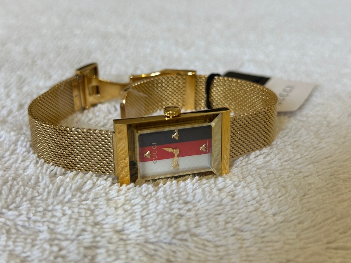 Gucci G-Frame YA147410 stripe dial 34x21mm gold mesh s/s ladies