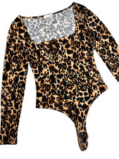 Leith Womens Leopard Animal Print Long Sleeve Bodysuit Stretch Chic SZ Sm EUC