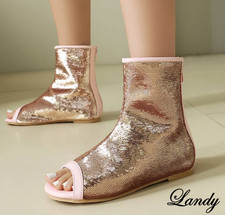 Women's Sequins Peep Toe Ankle Boots Casual Flats Low Heels Roman Shoes Oversize