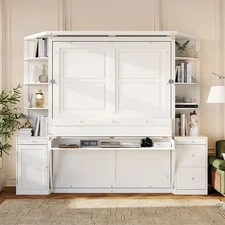 Queen Murphy Bed with Desk, Storage Shelves & Cabinets, Hidden Wall Bed - White