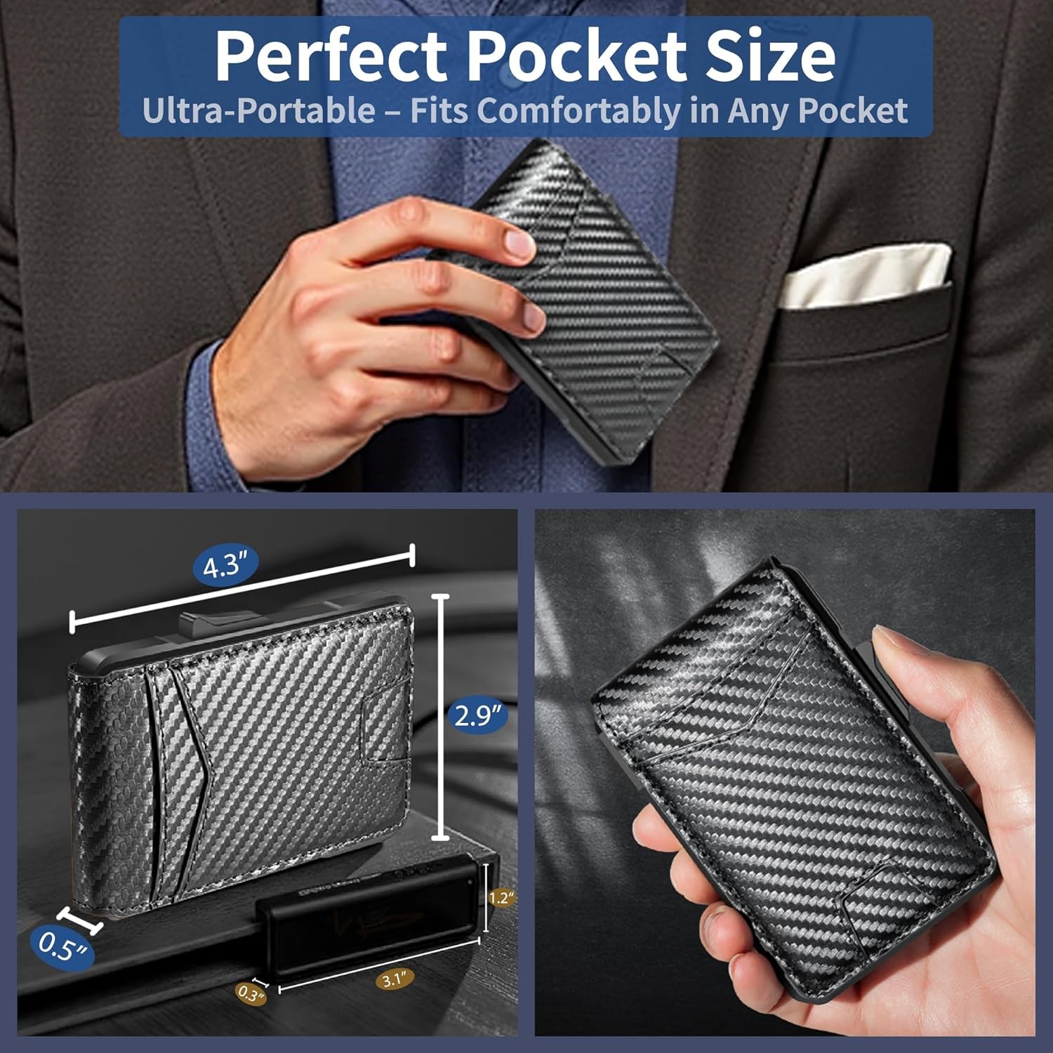 Men's Slim PopUp Bifold Carbon Fiber Wallet, RFID Blocking, Money Clip, Men Gift